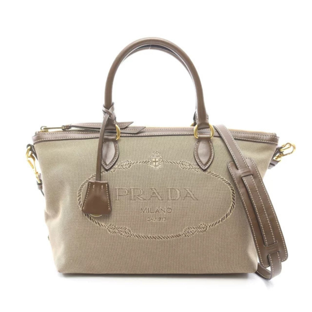 Prada Jacquard Handbag Canvas Leather Beige Brown